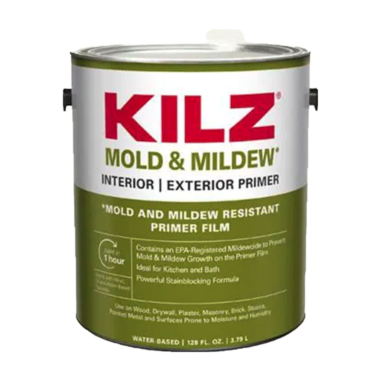 A 1-gal can of Go Build Mold & Mildew Water Based Interior/Exterior Primer Sealer & Stain Blocker - White, featuring a green and white label with product info, ideal for priming surfaces against mold and mildew.